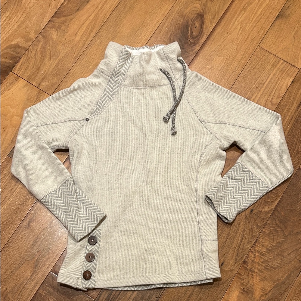 Prana grey and cream mock turtleneck sweater with Button and Chevron Accents, XS